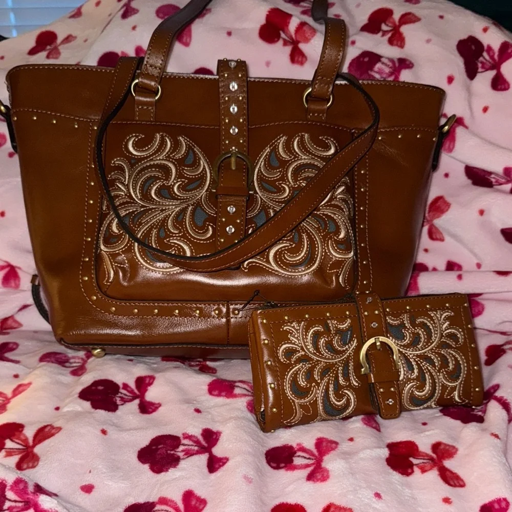 Leather Embroidered Patricia Nash bag and matching wallet
